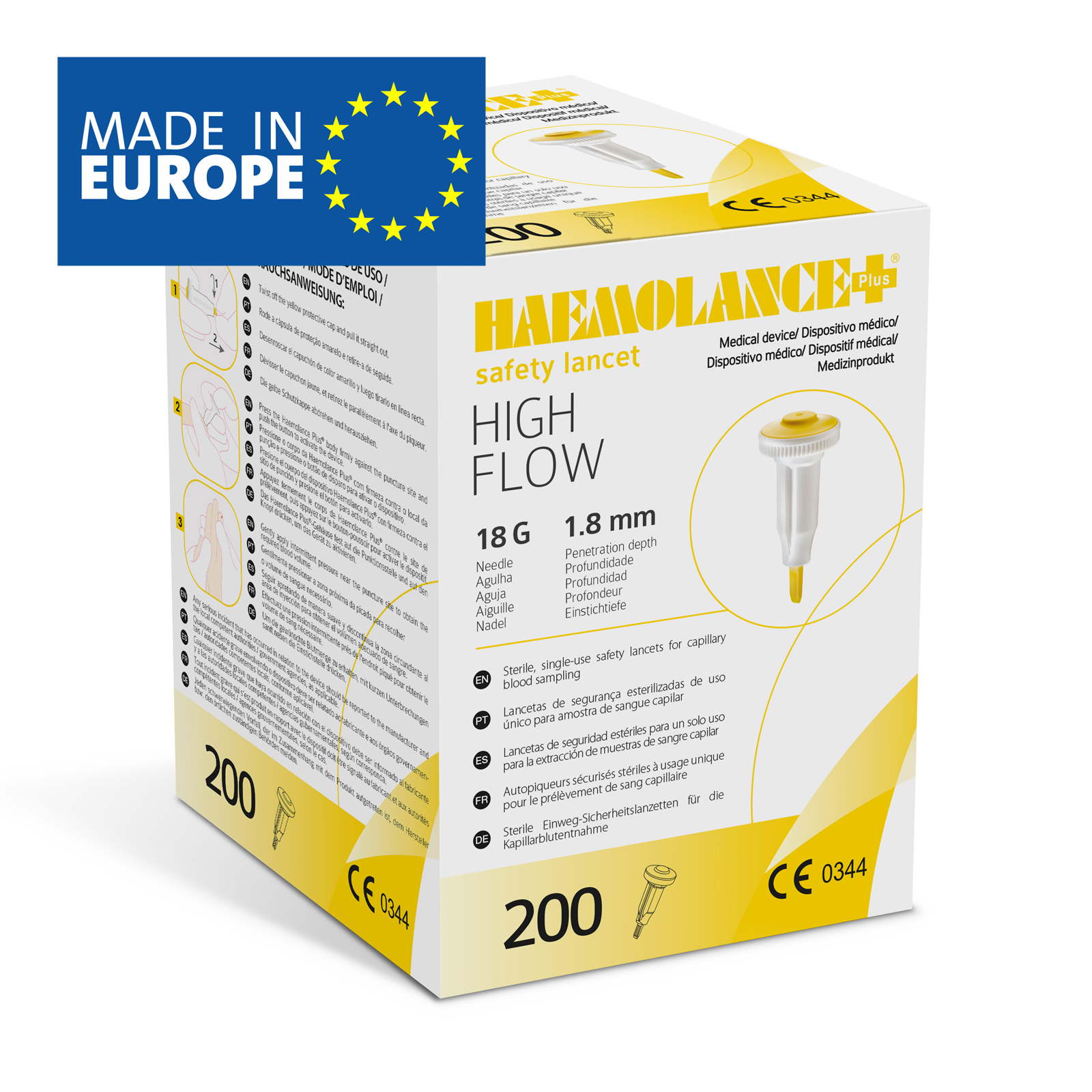 HAEMOLANCE Plus HIGH FLOW ланцети безпечні стерильні одноразового використання, голка 18G, глибина проникнення 1,8 мм, (з круглою кнопкою), HTL STREFA, Польща.